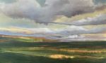 Taking Shape - abstracted landscape with green field | Oil And Acrylic Painting in Paintings by Caroline Adams. Item composed of canvas