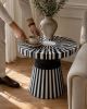 Black and White Bone Inlay Round Side Table, Striped Boho Accent Furniture | Tables by IKKAZA. Item in boho or japandi style