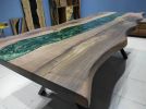 Live Edge Metallic Green  Walnut Tree Epoxy Resin Table | Dining Table in Tables by LuxuryEpoxyFurniture. Item composed of walnut and synthetic