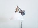 Swing Arm Bedside Reading Wall Light - Brass Patina & White | Sconces by Retro Steam Works. Item made of fabric & brass compatible with mid century modern style