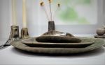 Shades Greenish-Gray Texture In Black Ceramic Plates Set | Dinnerware by YomYomceramic. Item made of ceramic