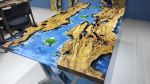 Custom Order Olive Wood Sea Design Blue Epoxy Coffee Table | Dining Table in Tables by LuxuryEpoxyFurniture. Item made of wood & synthetic