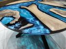 Custom 60" Diameter, Round Walnut Wood, Turquoise White | Dining Table in Tables by LuxuryEpoxyFurniture. Item composed of wood and synthetic