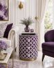 Handmade Bone Inlay Round Eclectic Nightstand, Purple Moroccan 3 Drawer Bedside Table | Storage by IKKAZA