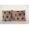 Set Tan and Blue Silk Ikat Velvet Pillow, Handmade Gift | Cushion in Pillows by Vintage Pillows Store. Item made of cotton
