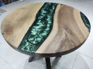 Custom 30" Diameter, Round Dark Walnut Wood, Metallic Green | Dining Table in Tables by LuxuryEpoxyFurniture. Item composed of wood and synthetic