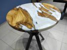 Custom 30" Diameter, Round Olive Wood, Metallic White Epoxy | Dining Table in Tables by LuxuryEpoxyFurniture. Item composed of wood & synthetic