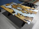 Live Edge Olive Wood Metallic White River Epoxy Table | Dining Table in Tables by LuxuryEpoxyFurniture. Item composed of wood and synthetic
