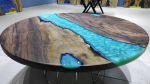 Custom Order Round Metallic Green Dark Walnut Wood | Dining Table in Tables by LuxuryEpoxyFurniture. Item made of wood with synthetic