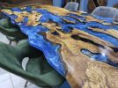 Live Edge Olive Tree Ocean Epoxy River Table - Epoxy Resin | Dining Table in Tables by LuxuryEpoxyFurniture. Item made of wood & synthetic