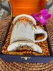 Elephant Mug with Lid & Saucer: Hand-Painted, Gold Accents | Drinkware by Artisan Homeware. Item made of ceramic