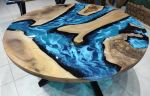 Custom 60" Diameter, Round Walnut Wood, Turquoise White | Dining Table in Tables by LuxuryEpoxyFurniture. Item composed of wood and synthetic
