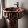 Round Pedestal Rosso Levanto fluted marble sink | Water Fixtures by AYMARBLEDESIGN LLC
