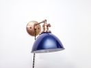 Swing Arm Bedside Reading Wall Light - Antique Brass & Blue | Sconces by Retro Steam Works. Item composed of fabric and brass in mid century modern style