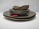 Shades Greenish-Gray Texture In Black Ceramic Plates Set | Dinnerware by YomYomceramic. Item made of ceramic
