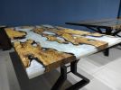 Live Edge Olive Wood Metallic White River Epoxy Table | Dining Table in Tables by LuxuryEpoxyFurniture. Item composed of wood and synthetic