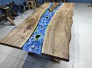 Live Edge Blue Ocean River Epoxy Dining Table - Living Room | Tables by LuxuryEpoxyFurniture. Item composed of wood and synthetic