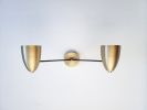 Bathroom Vanity Wall Double Sconce - Satin Brass Light | Sconces by Retro Steam Works. Item composed of brass in mid century modern or contemporary style