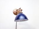 Swing Arm Bedside Reading Wall Light - Antique Brass & Blue | Sconces by Retro Steam Works. Item composed of fabric and brass in mid century modern style