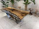 Clear Custom Epoxy Table, Made to Order Resin Table | Dining Table in Tables by Tinella Collection. Item composed of walnut and synthetic in contemporary or art deco style