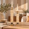 Handcrafted Wood Veneer Candle Holders, Geometric Design, Antiqued Steel Base (Set of 2) | Decorative Objects by Vesta Corte