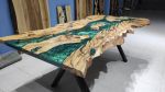 Live Edge Olive Emerald Green Dining Epoxy Table,Natural | Dining Table in Tables by LuxuryEpoxyFurniture. Item made of wood with synthetic