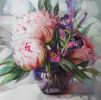 Bluebell flowers peony painting in purple glass vase floral | Oil And Acrylic Painting in Paintings by Natart. Item composed of canvas & synthetic