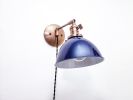 Swing Arm Bedside Reading Wall Light - Antique Brass & Blue | Sconces by Retro Steam Works. Item composed of fabric and brass in mid century modern style