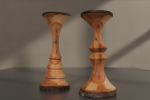 Handcrafted Solid Cherry Wood Pillar Candlestick Holders | Lighting by Holzkunst Samuel Meisinger. Item composed of wood in art deco or traditional style