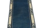 Vintage Chinese Deco style runner in Deep Blue, Off White | Area Rug in Rugs by Rug and Kilim