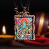 Hand-Painted Green Tara Thangka Solid Silver Locket Pendant | Ornament in Decorative Objects by Dynasty Artisan. Item made of metal works with contemporary & eclectic & maximalism style