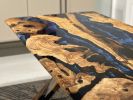 Olive Epoxy Table - Custom Blue Resin Dining Wood Table | Dining Table in Tables by Tinella Collection. Item composed of wood in minimalism or art deco style