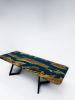 Blue Resin Olive Wood Dining Room Table by Tinella Wood | Dining Table in Tables by Tinella Collection. Item composed of wood and brass in minimalism or art deco style