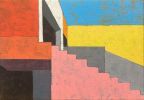 Pink Stair, Blue Sky | Mixed Media in Paintings by Rich Godfrey. Item made of wood & canvas compatible with mid century modern and contemporary style