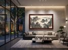 Hand-Painted Silk Blue-Gree Shanshui Misty Peaks Wall Art | Oil And Acrylic Painting in Paintings by Dynasty Artisan. Item composed of wood and fabric in contemporary or eclectic & maximalism style