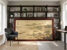 Hand-Painted Song Silk Art: Misty Waves & Riverside Pavilion | Oil And Acrylic Painting in Paintings by Dynasty Artisan. Item made of wood with fabric works with contemporary & eclectic & maximalism style