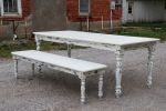 White Farmhouse Dining Table & Bench with Distressed Legs | Tables by Hazel Oak Farms. Item composed of wood