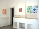 "Blue Cheer" Moroccan interlocking pattern in white and royal blue. Augustus Owsley Stanley III-inspired title | Oil And Acrylic Painting in Paintings by Margaret Lanzetta. Item made of wood with synthetic
