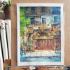 Bistro Jojo at Night, Watercolor Painting Original | Paintings by artKarolina. Item compatible with contemporary style