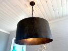 Rustic 24" drum pendant with accent rivets aged steel | Chandeliers by Lakehouse Lighting. Item composed of metal compatible with mid century modern and industrial style