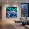 Iceland Kirkjufell Aurora Impasto Oil Painting Fine Art | Oil And Acrylic Painting in Paintings by Dynasty Artisan. Item made of linen works with contemporary & eclectic & maximalism style