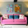 Abstract oil paintings above pink sofa | Oil And Acrylic Painting in Paintings by Trudy Montgomery. Item composed of canvas & synthetic