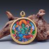 Handcrafted Green Tara Thangka Mineral Art Pendant | Ornament in Decorative Objects by Dynasty Artisan. Item composed of metal in contemporary or eclectic & maximalism style