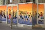 Street Crowd, 2018, 7 x 34 ft, Acrylic on glass, | Street Murals by Arran Harvey | Salesforce Transit Center in San Francisco. Item composed of synthetic