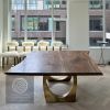 Square Live Edge Walnut Brass Halo Table | Dining Table in Tables by YJ Interiors. Item made of walnut with brass works with mid century modern & contemporary style