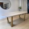 Racetrack Cashmere White Brass Tunnel Table | Dining Table in Tables by YJ Interiors. Item composed of wood & brass compatible with mid century modern and contemporary style