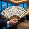 Bespoke Chinese Calligraphy Jade-Finish Bamboo Folding Fan | Mixed Media in Paintings by Dynasty Artisan. Item made of bamboo with paper works with minimalism & eclectic & maximalism style