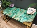 Teal Maple Burl + Gold Brass Executive Lux Desk 24x50 | Tables by Lumberlust Designs | Arcadia in Phoenix. Item made of wood