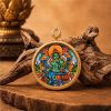 Handcrafted Green Tara Thangka Mineral Art Pendant | Ornament in Decorative Objects by Dynasty Artisan. Item composed of metal in contemporary or eclectic & maximalism style