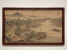 Song Style Willow Bank & Waning Moon Hand-Painted Silk Art | Oil And Acrylic Painting in Paintings by Dynasty Artisan. Item made of wood with fabric works with contemporary & eclectic & maximalism style